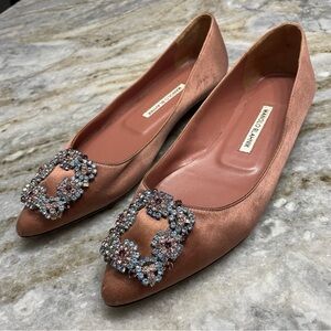 Manolo Blahnik Hangisi Crystal Embellished Satin Flats